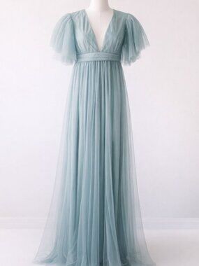 Faeriesty Blue Tulle Maxi Dress S Fairycore Puff Sleeve Empire Mesh photoshoot